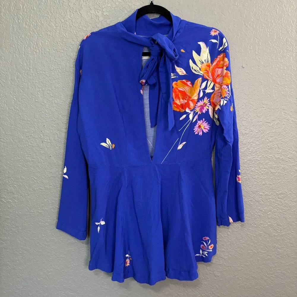 Free People Blue Floral Open Tie Back Mock Neck Tunic Top Long Sleeve OB699023